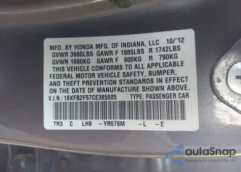 2012 Honda Civic Lx z USA, uszkodzony, nr VIN 19XFB2F57CE385605